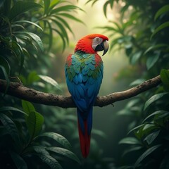 In The Lush Depths Of The Tropical Jungle, A Majestic Macaw Perches Proudly Amidst A Canopy Of Vibrant Foliage