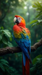 Obraz premium In The Lush Depths Of The Tropical Jungle, A Majestic Macaw Perches Proudly Amidst A Canopy Of Vibrant Foliage