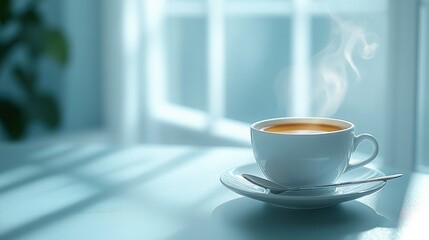 Steam rising from a hot cup of coffee on a table by a window.