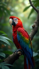 Obraz premium In The Lush Depths Of The Tropical Jungle, A Majestic Macaw Perches Proudly Amidst A Canopy Of Vibrant Foliage