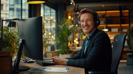 Smiling Businessman Working Remotely on Computer