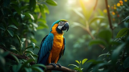 Obraz premium In The Lush Depths Of The Tropical Jungle, A Majestic Macaw Perches Proudly Amidst A Canopy Of Vibrant Foliage
