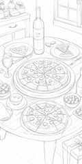 Obraz premium A romantic dinner setting with heart-shaped pizzas and drinks.