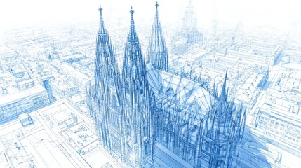 A blue wireframe illustration of a cathedral with tall spires and surrounding cityscape.