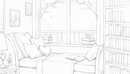 Cozy bedroom with a view, featuring a bed and bookshelves.