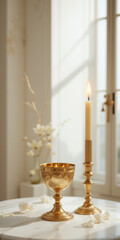 Elegant candle and golden chalice on a table by a window.