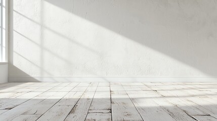 Bright minimalist room with wooden floors and natural light streaming through large windows, casting gentle shadows.