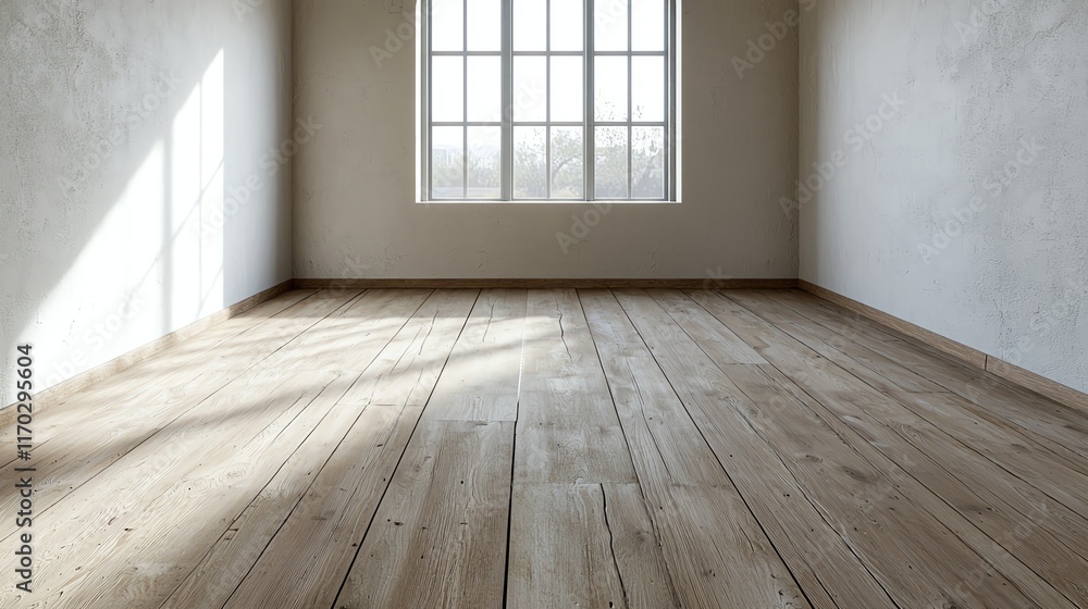 Poster minimalist empty room with large window and wooden floor, flooded with natural light, creating a ser