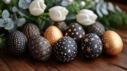 Decorated black and gold Easter eggs with white tulips.