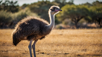  "Ostrich Standing in Grassland with Feathers and Long Neck"