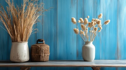 Sunlight casting shadows on a blue wall with dried flowers and a straw hat on a table