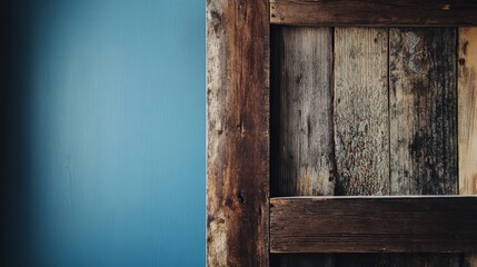 Wooden frame against a vibrant blue wall enhancing rustic charm and artistic appeal in an outdoor setting