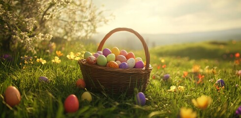 Colorful Easter eggs in a woven basket on a meadow under a sunny sky with mountains in the background
