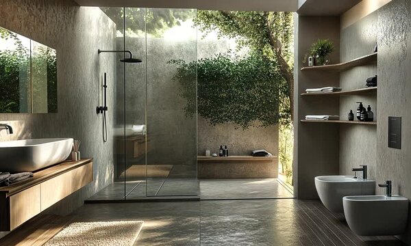 A modern bathroom with glass shower, natural light, and greenery for a tranquil atmosphere.