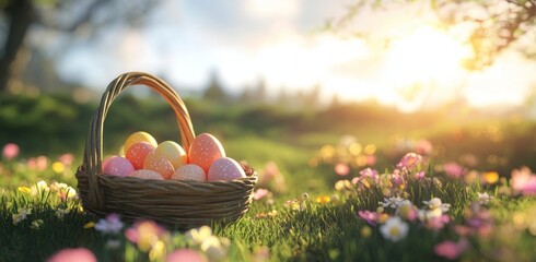 Colorful Easter eggs in a woven basket on a meadow under a sunny sky with mountains in the background