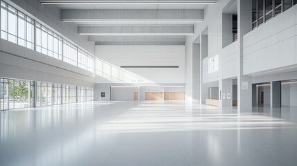 Obraz premium Spacious modern interior with large windows and natural light, ideal for office or exhibition use.