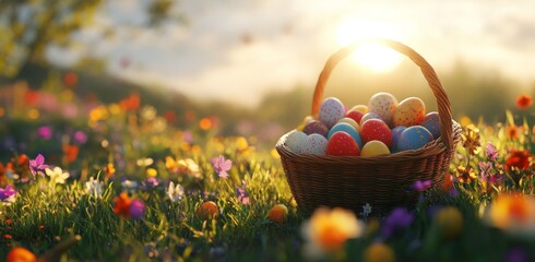 Colorful Easter eggs in a woven basket on a meadow under a sunny sky with mountains in the background
