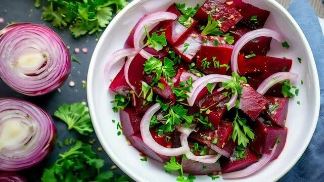 A vibrant beetroot salad featuring diced beets, sliced onions, and fresh parsley, ideal for healthy meals and side dishes.