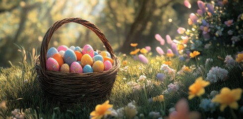 Colorful Easter eggs in a woven basket on a meadow under a sunny sky with mountains in the background
