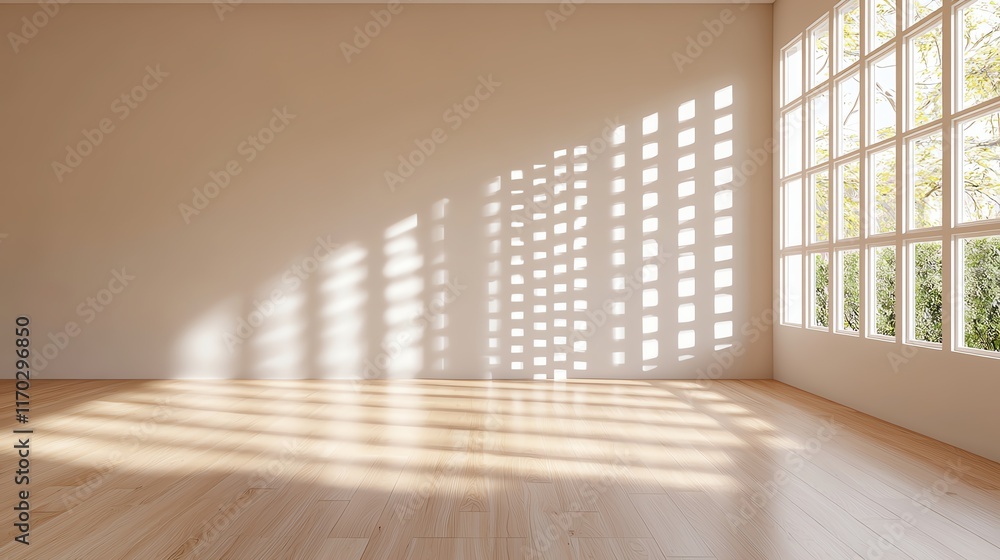 Poster spacious room with natural light streaming through large windows and creating beautiful shadows on w