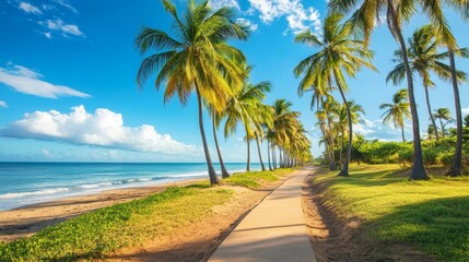 Fototapeta premium coastal path with lush palm trees and green grass 