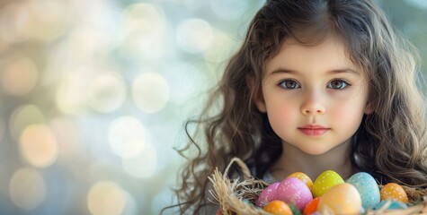 Young girl holds colorful Easter eggs in a basket, smiling warmly against a softly blurred background