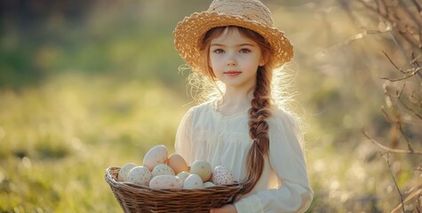 Young girl holds colorful Easter eggs in a basket, smiling warmly against a softly blurred background