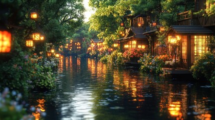 Obraz premium Enchanting canal town at sunset, with illuminated houses and lush greenery.