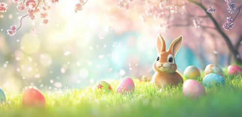 Rabbit among colorful Easter eggs in a sunlit garden during springtime