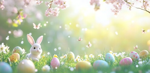 Rabbit among colorful Easter eggs in a sunlit garden during springtime