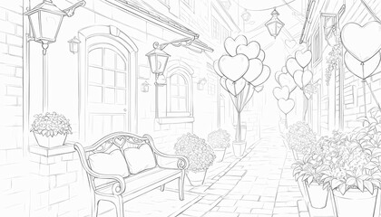 Fototapeta premium A line art illustration of a romantic street with balloons and plants.