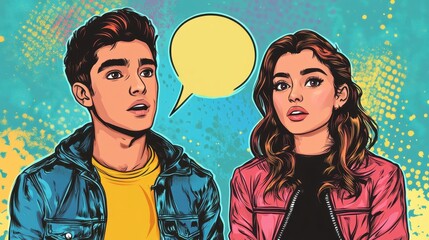 Two young people animatedly engaging in conversation against a bright and colorful background