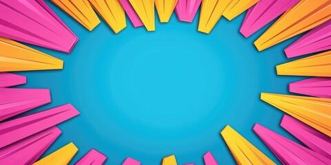 Abstract vibrant pink and orange burst frame on blue background.