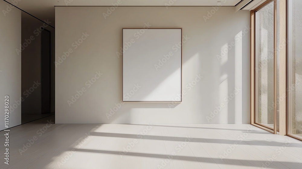 Poster minimalist interior with blank canvas and sunlight streaming through large windows, creating a seren