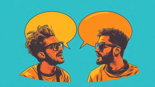 Engaging conversation between two friends with colorful speech bubbles on a bright background