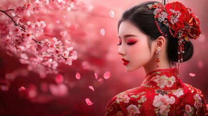 Elegant Asian Woman in Traditional Red Dress