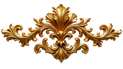Golden baroque floral ornament isolated on transparent background. Cut out or PNG.