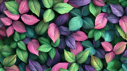 Vibrant pink, green, purple leaves seamless pattern.