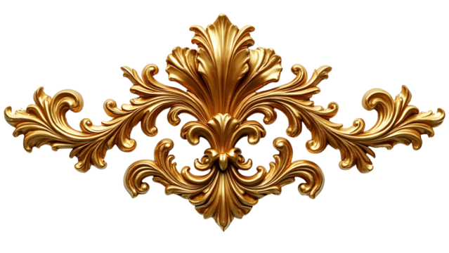 Golden baroque floral ornament isolated on transparent background. Cut out or PNG.