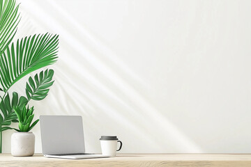 Fototapeta premium Realistic high-resolution lifestyle photograph of a person working from home on a laptop, sitting at a modern wooden desk with a cup of coffee next to them. The background is a clean white space.