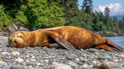 Obraz premium Relaxed sea lion resting on pebble beach near lush green forest.