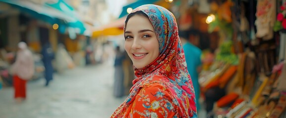 Fototapeta premium Smiling woman in headscarf at marketplace.