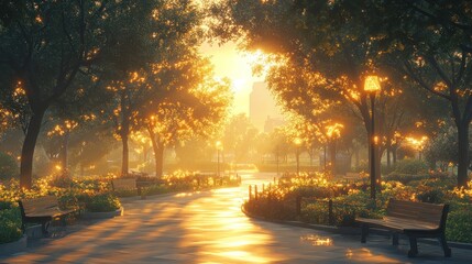 Sunlit park path at sunrise, with benches, trees, and lampposts.