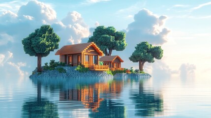 Two wooden houses on a small island in calm water, surrounded by trees and fluffy clouds under a sunny sky.