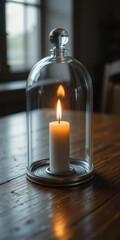 A lit candle under a glass dome on a wooden table.