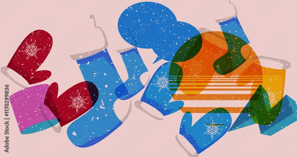 Aufkleber risograph mitten glove and christmas stocking and speech bubble with geometric shapes animation. mov