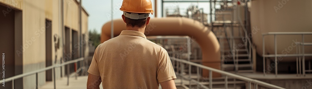 Poster a worker in an orange hard hat walks along a pathway in an industrial setting, observing large pipes