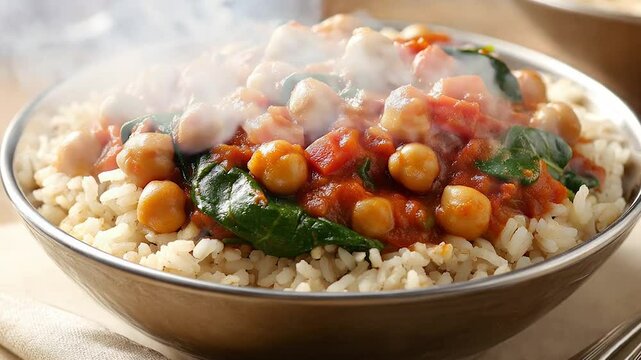 A flavorful bowl of chickpea curry served with rice, garnished with fresh spinach and tomatoes. This vibrant dish highlights a hearty, plant-based meal with a rich, spiced tomato sauce