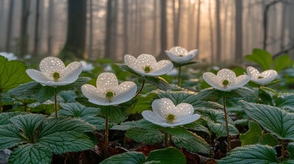 Dew-kissed white flowers in misty forest sunrise.