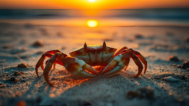 Crab on a beach during golden hour